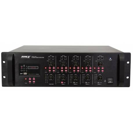 4-zónová multiroom rozhlasová ústredňa * 4x 120W RMS /100V, 70V, 4ohm * 5 vstupov