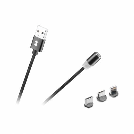 Kábel USB magnetický 3v1 microUSB, USB typ C, Lightning 1m REBEL