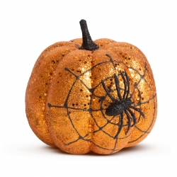 Halloweenska tekvicová dekorácia - oranžové glitre - s pavučinou - 15 cm