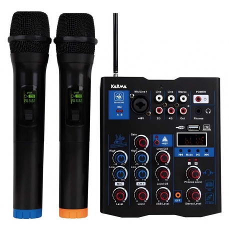 Mix pult 1x mono, 2x stereo vstup * 2x bezdrôtový VHF mikrofón * USB/MP3 * Bluetooth
