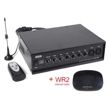Mono zosilňovač BSA s rádiovým diaľkovým ovládaním a streamerom WR2 MKII * 2x MIC, 2x AUX * 50W * 100V / 8 Ohm