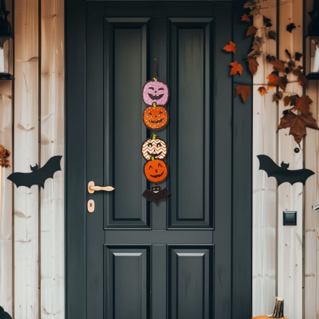 Halloweenská dekorácia - tekvica - závesná - drevená - 62 x 13 cm