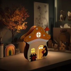 Svetelná dekorácia - hubová chalúpka s ježkom - 15 x 16 x 5 cm - z dreva