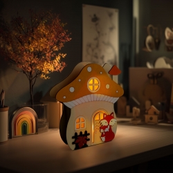 Svetelná dekorácia - hubová chalúpka s líškou - 15 x 16 x 5 cm - z dreva