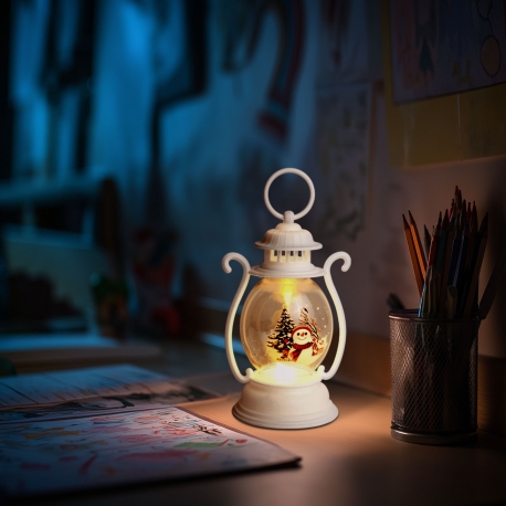 Vianočná dekorácia – lampáš – snehuliak – biely – 16,5 x 7 cm – 3 x LR44