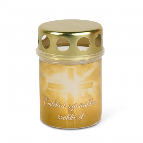 Plastový svietnik s krížom, kovové viečko - "Tvoja spomienka žije navždy v našich srdciach" - 8,5 cm