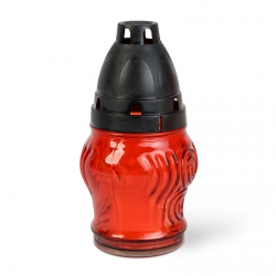 Sklenený kahánok s plastovým viečkom, Farba skla: červená, Farba viečka: čierna - 14 cm