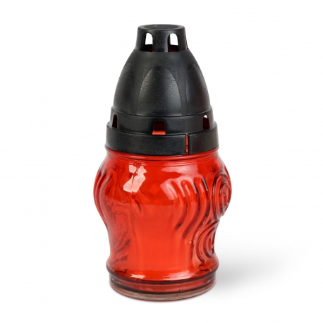 Sklenený kahánok s plastovým viečkom, Farba skla: červená, Farba viečka: čierna - 14 cm