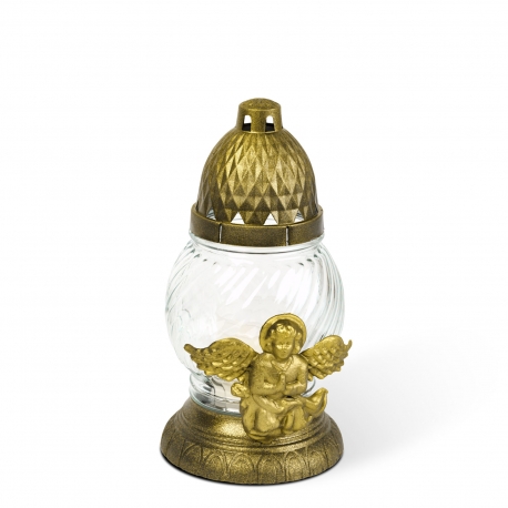 Sklenená kahancia s anjelom a plastovým viečkom, farba skla: biela, farba viečka: čierna zlatá antik