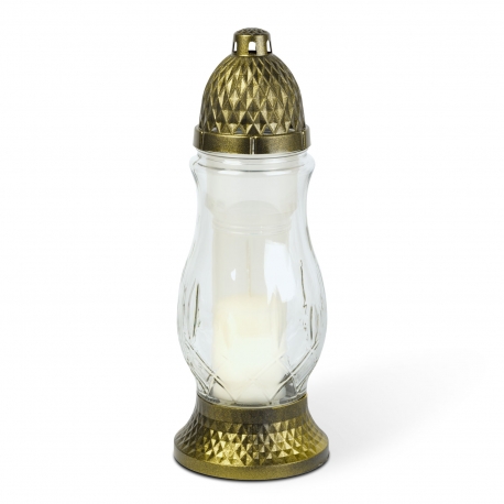 Sklenený kahance s plastovým viečkom, farba skla: biela, farba viečka: čierna-zlatá antik - 28 cm