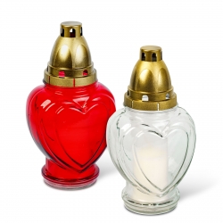 Sklenený kahance TVAR SRDCA s plastovým viečkom, červeno-biely - 21,7 cm