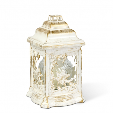 Plastový katedrálny kahance s anjelským motívom, vnútorná sklenená sviečka, farba biela so zlatou an