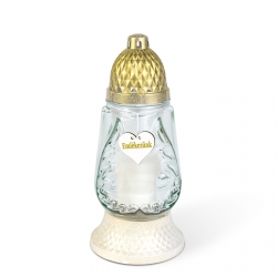 Sklenený svietnik - s kovovým viečkom - 26 cm - farba skla: biela - zlatá antická