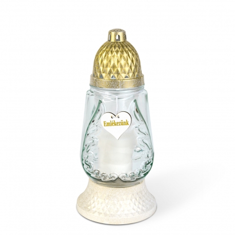 Sklenený svietnik - s kovovým viečkom - 26 cm - farba skla: biela - zlatá antická