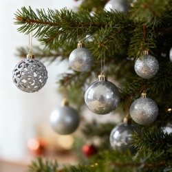 Sada vianočných ozdôb - 100 gúľ + hviezdicová špička - strieborná