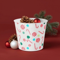 Vianočná dekorácia - kovový kvetináč, vedierko - cukrová palica - 13 x 11 cm