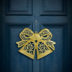 Vianočná dekorácia, mašľa, závesná, s trblietkami, zlatá, 35 cm