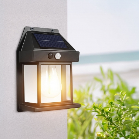 Solárna nástenná lampa s pohybovým senzorom – 1 filamentová LED – čierna – 12 x 6 x 17 cm