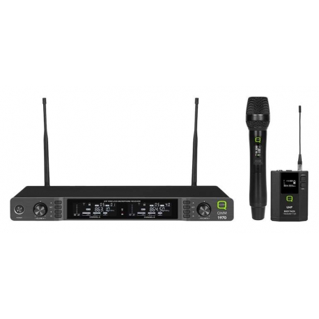 Duálny diverzitný bezdrôtový UHF mikrofón Q-AUDIO * 1x ručný a 1x náhlavný/klopový mikrofón * 606-614MHz