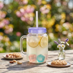 Pohár so slamkou - fialový - 4 ks chladiacich ľadových kociek, 550 ml, 17 x 7,5 x 13,5 cm