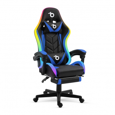 RGB LED gamer stolička s vankúšom, opierkou - čierna / modrá