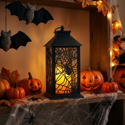 Halloweenová blikajúca lampáš - pavúk - na batérie - čierna - 30 x 14 cm