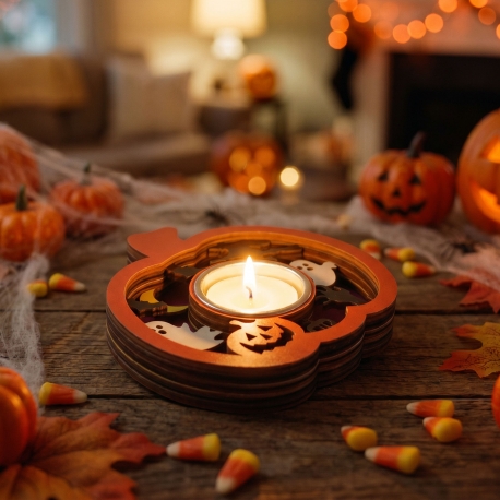 Halloweenska dekorácia - držiak na čajovú sviečku - tekvica - MDF - 11 x 11 x 1,8 cm