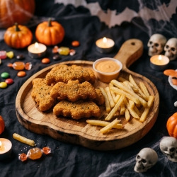 Halloweenský servírovací/podávací tanier s rukoväťou – drevený – motív tekvice – 26,5 x 20 x 1,5 cm